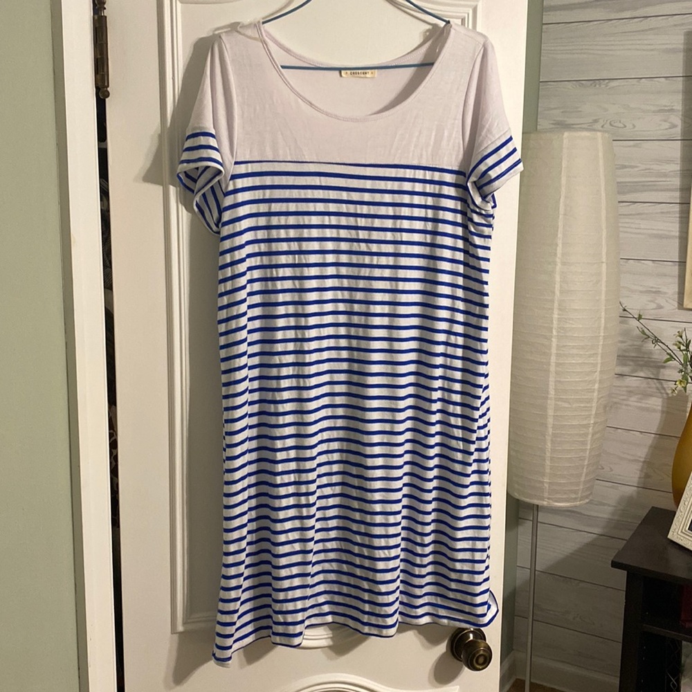 T shirt dress. Blue and white stripe